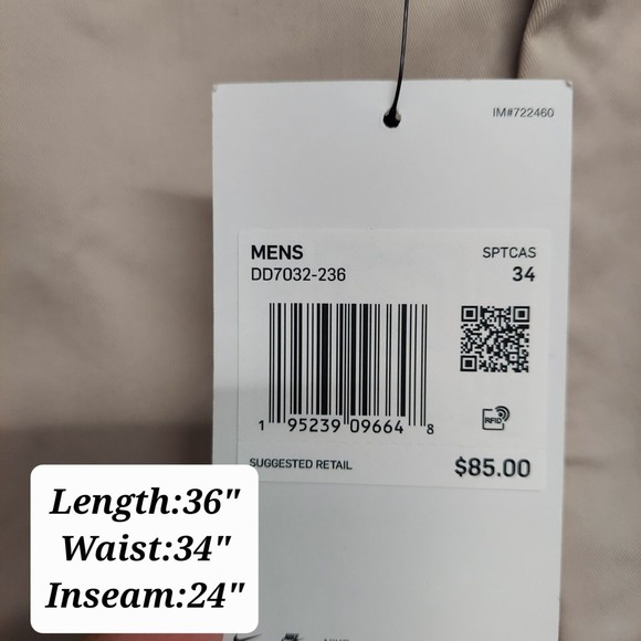 Nike Unlined Cropped Pants Pant Trousers Chino Taper Leg DD7032-236 Men's 34 NEW - Picture 3 of 6